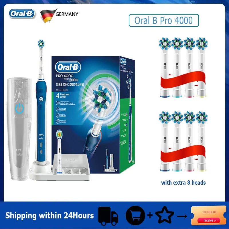 Oral-B Pro 4000 Electric Toothbrush – 3D Action, Pressure Sensor, 4 Modes, Gum Care, Waterproof