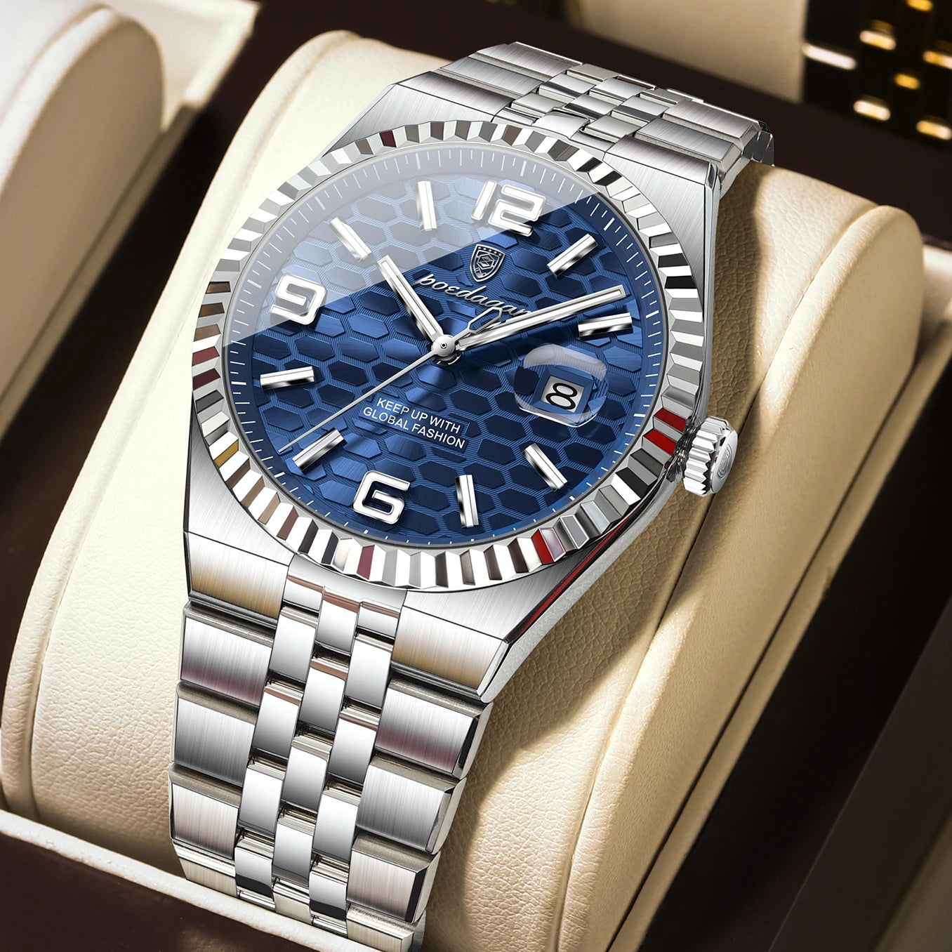 POEDAGAR Men's Luxury Watch – Stainless Steel, Waterproof, Luminous, Date Display, With Box