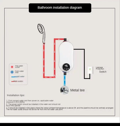 Portable R.E.D. 220V 4500W instant water heater for bathroom and kitchen, showing compact design and control panel.