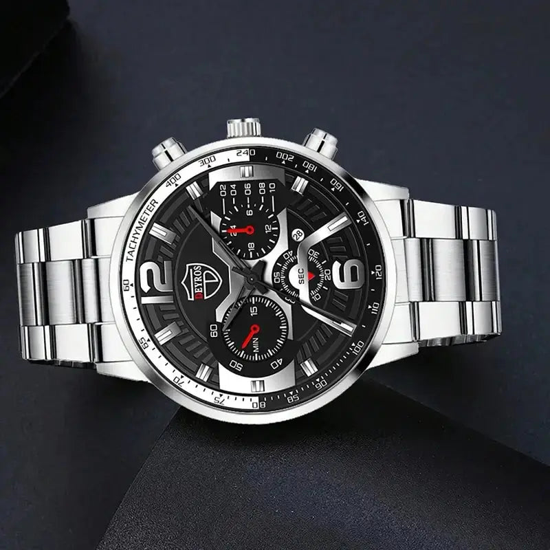 DEYROS 5-piece men's watch and jewelry gift set featuring a quartz calendar watch, necklace, and bracelet by R.E.D. Shopping.