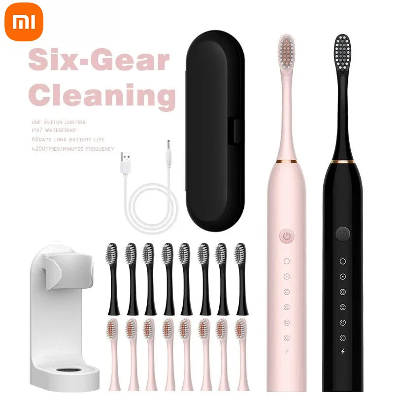 Xiaomi 6 Gear Sonic Electric Toothbrush with 8 brush heads, waterproof, rechargeable, smart design, and whitening features.