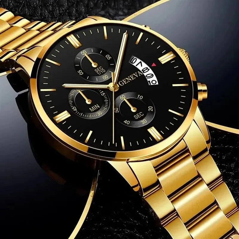 Men’s luxury stainless steel quartz watch with calendar display, business style wristwatch from R.E.D. Shopping.