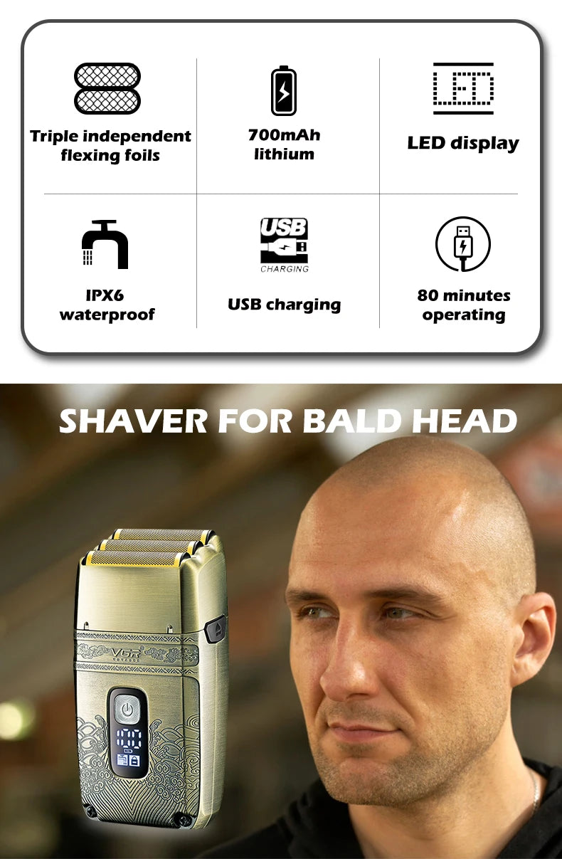 VGR V-335 Professional Foil Shaver – Triple Titanium Blade, LED, IPX6, 80min, USB