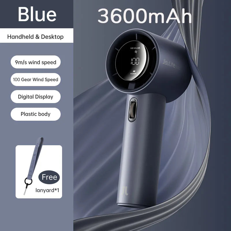JISULIFE Mini Portable Hand Fan – 100 Wind Speeds, LED Display, 3600/5000mAh, Brushless Motor