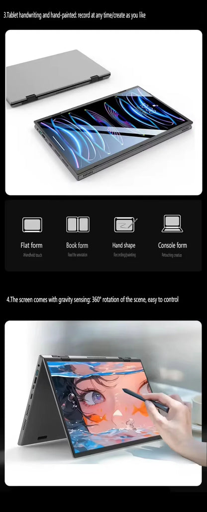Intel N100 dual-screen laptop with 14-inch 2K touch display, 32GB RAM, 360-degree flip metal case, 2-in-1 design.