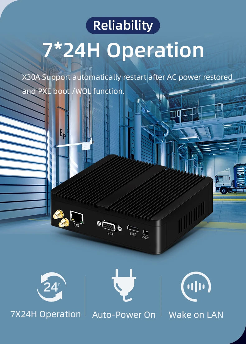 XCY Fanless Mini PC – Intel Celeron J1900, Quad-Core, Gigabit Ethernet, HDMI, VGA, WiFi, Windows/Linux