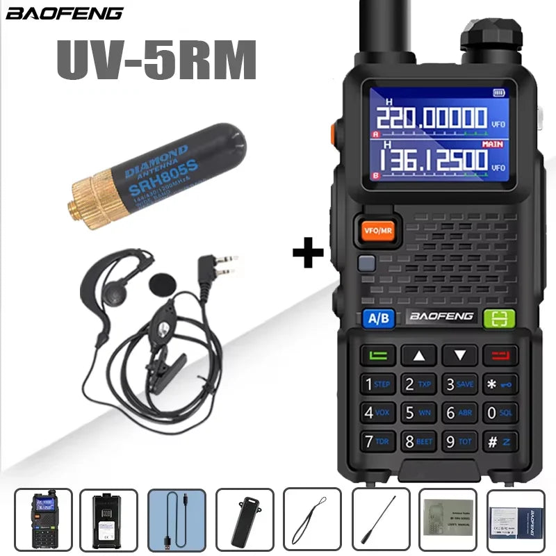 Baofeng UV-5RM walkie talkie with four-band radio, large 3800mAh battery, and LCD display, in black with control buttons.