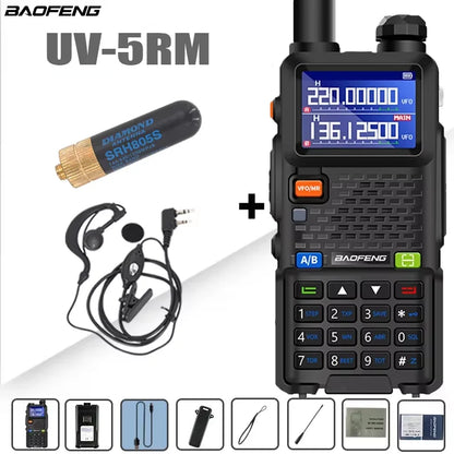 Baofeng UV-5RM walkie talkie with four-band radio, large 3800mAh battery, and LCD display, in black with control buttons.
