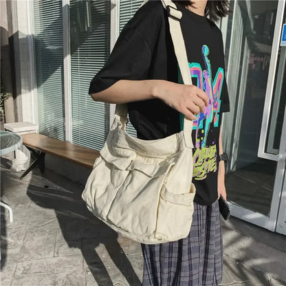 Large Canvas Messenger Bag - Multi-Pocket Hip Hop Style Shoulder Bag
