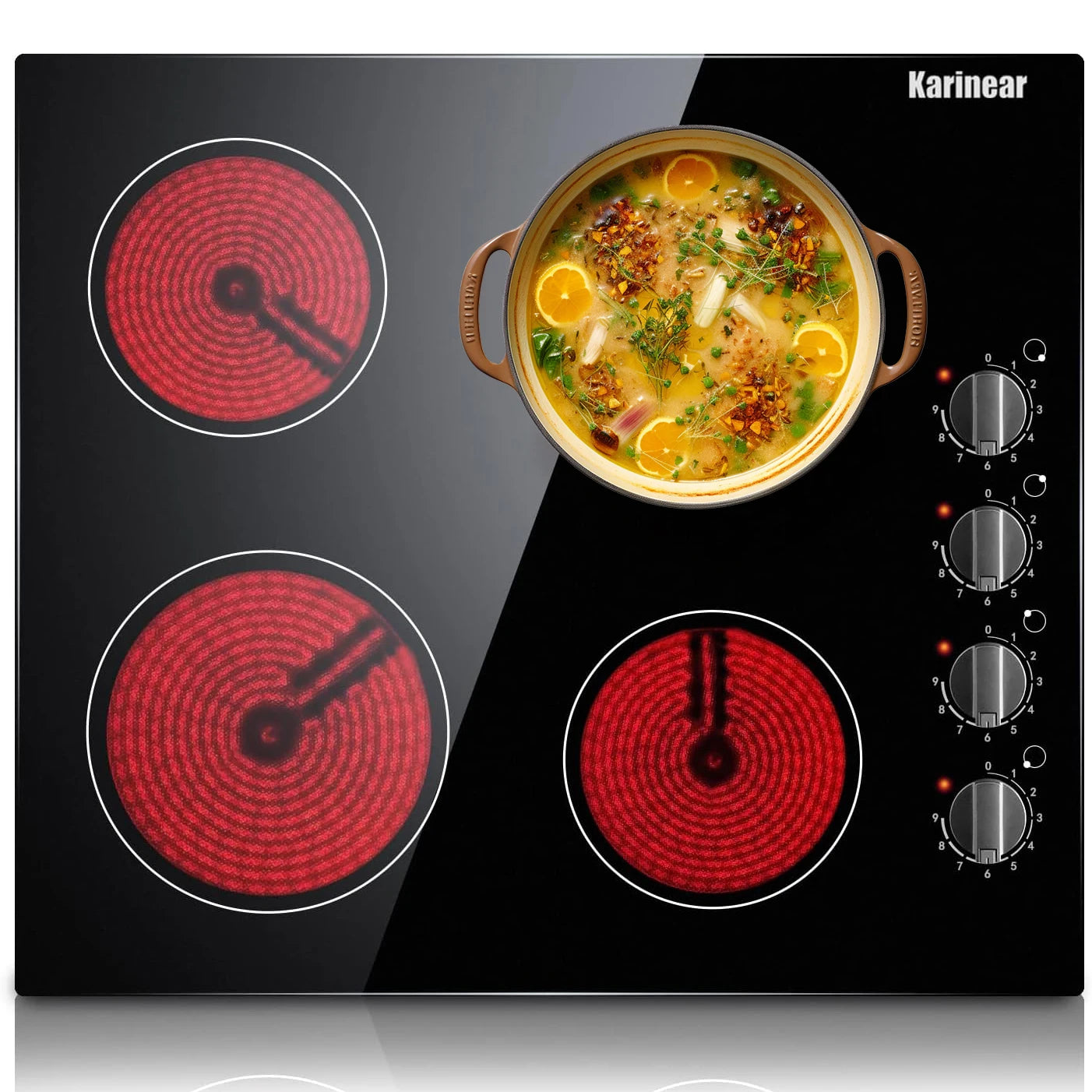 Karinear 4-Burner Electric Cooktop 24" | 6000W | 220-240V | Knob Control