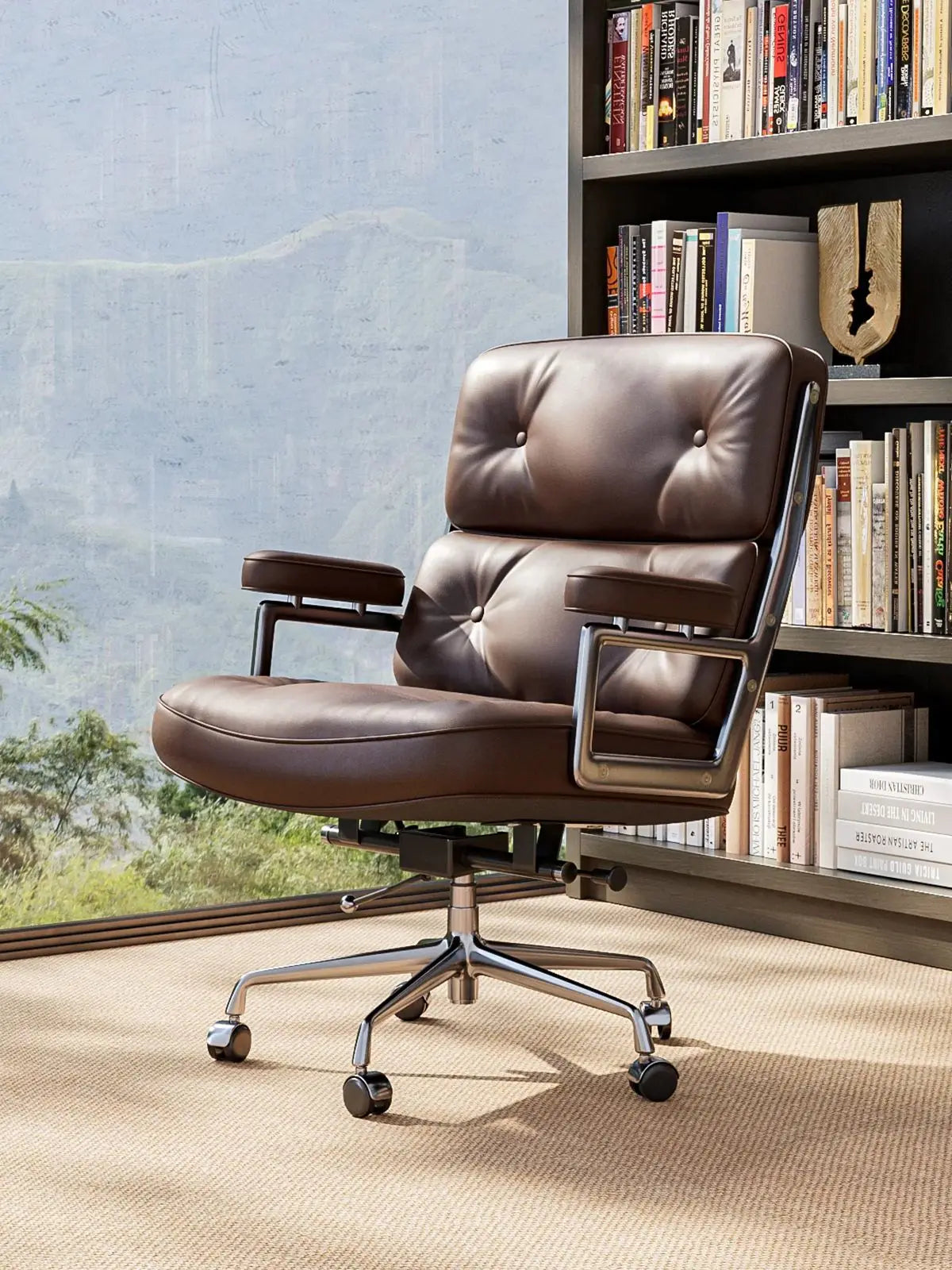 Ergonomic Executive Office Chair – Genuine Leather, Aluminum Arms, Swivel & Wheels