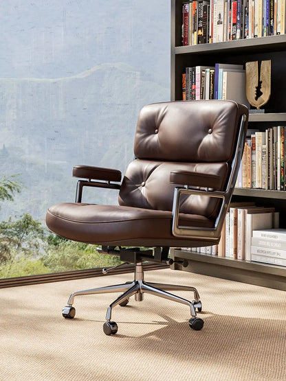 Ergonomic Executive Office Chair – Genuine Leather, Aluminum Arms, Swivel & Wheels