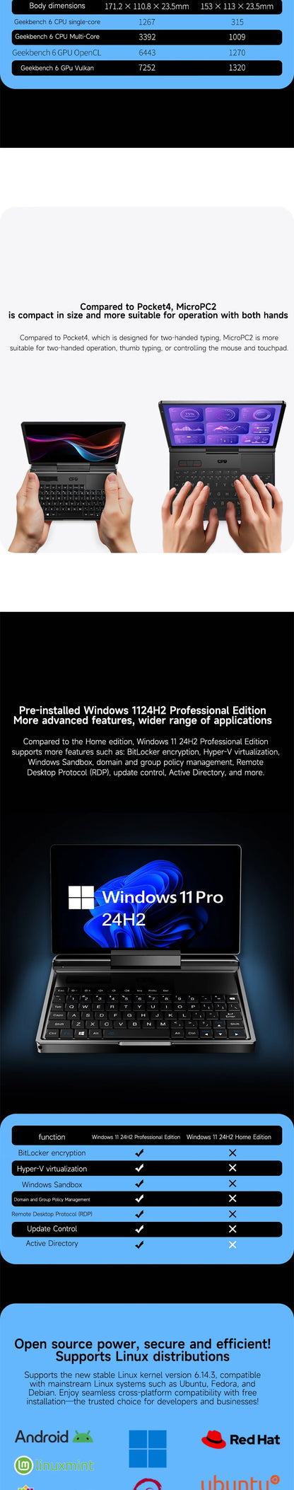 GPD MicroPC 2 2025 – 7" Mini Laptop, Intel i3-N300, 16GB DDR5, up to 4TB SSD, Windows 11 Pro