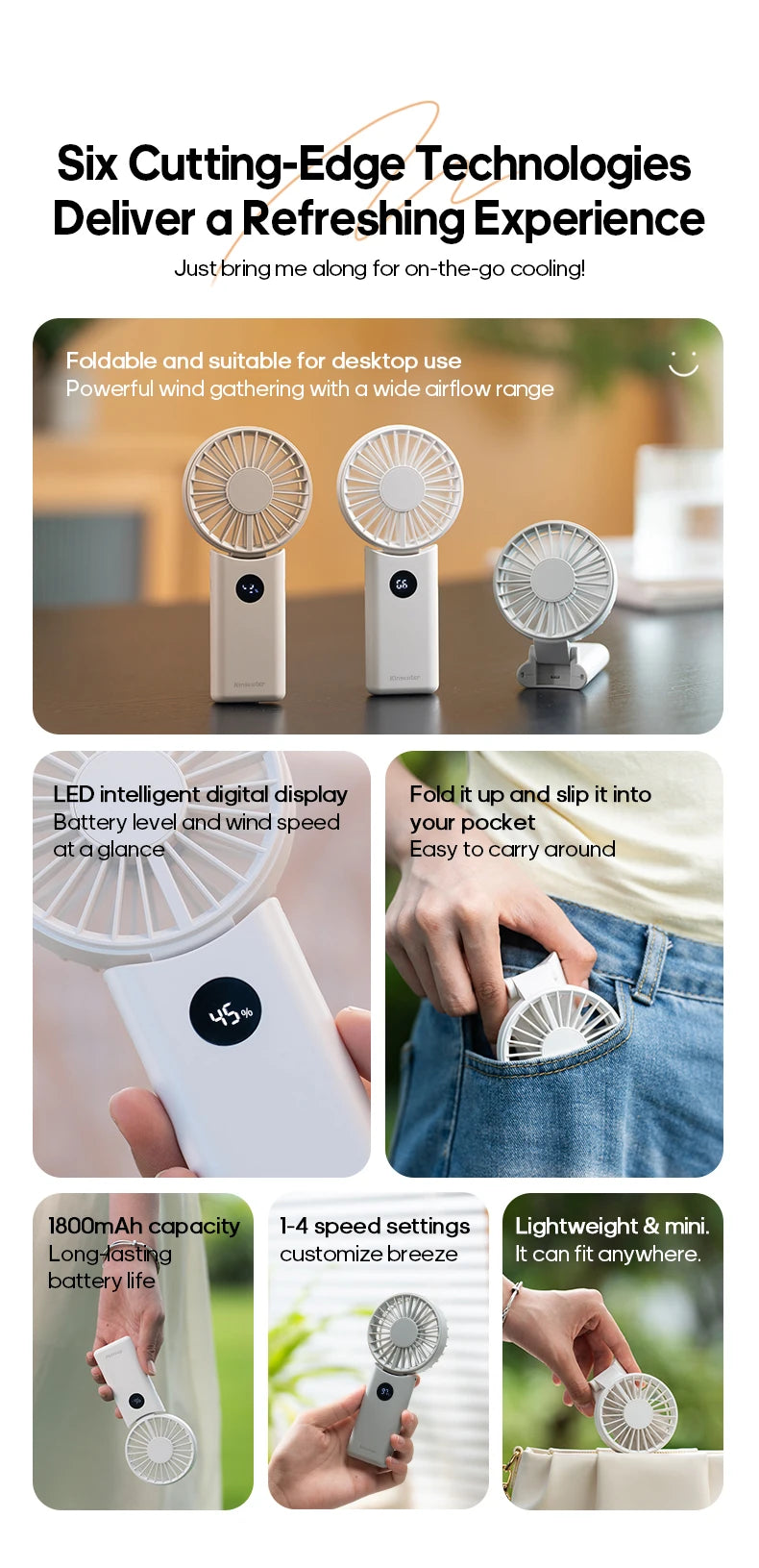 Portable Folding Handheld Fan | 1800mAh | 4-Speed | LED Display | Rechargeable | Outdoor Travel