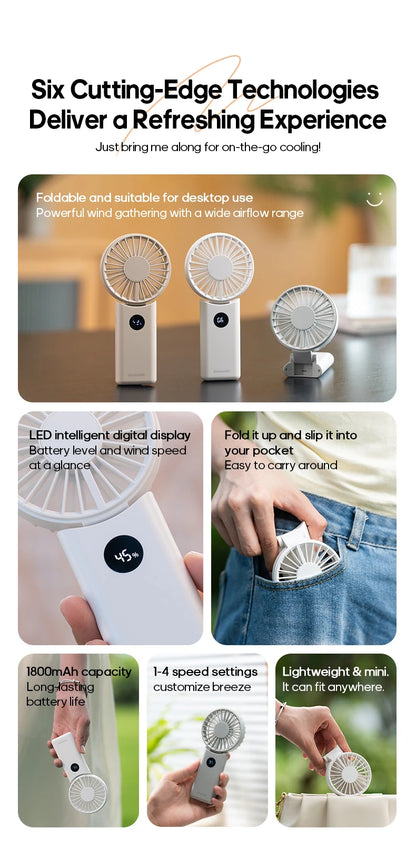 Portable Folding Handheld Fan 1800mAh – 4-Speed with LED Display