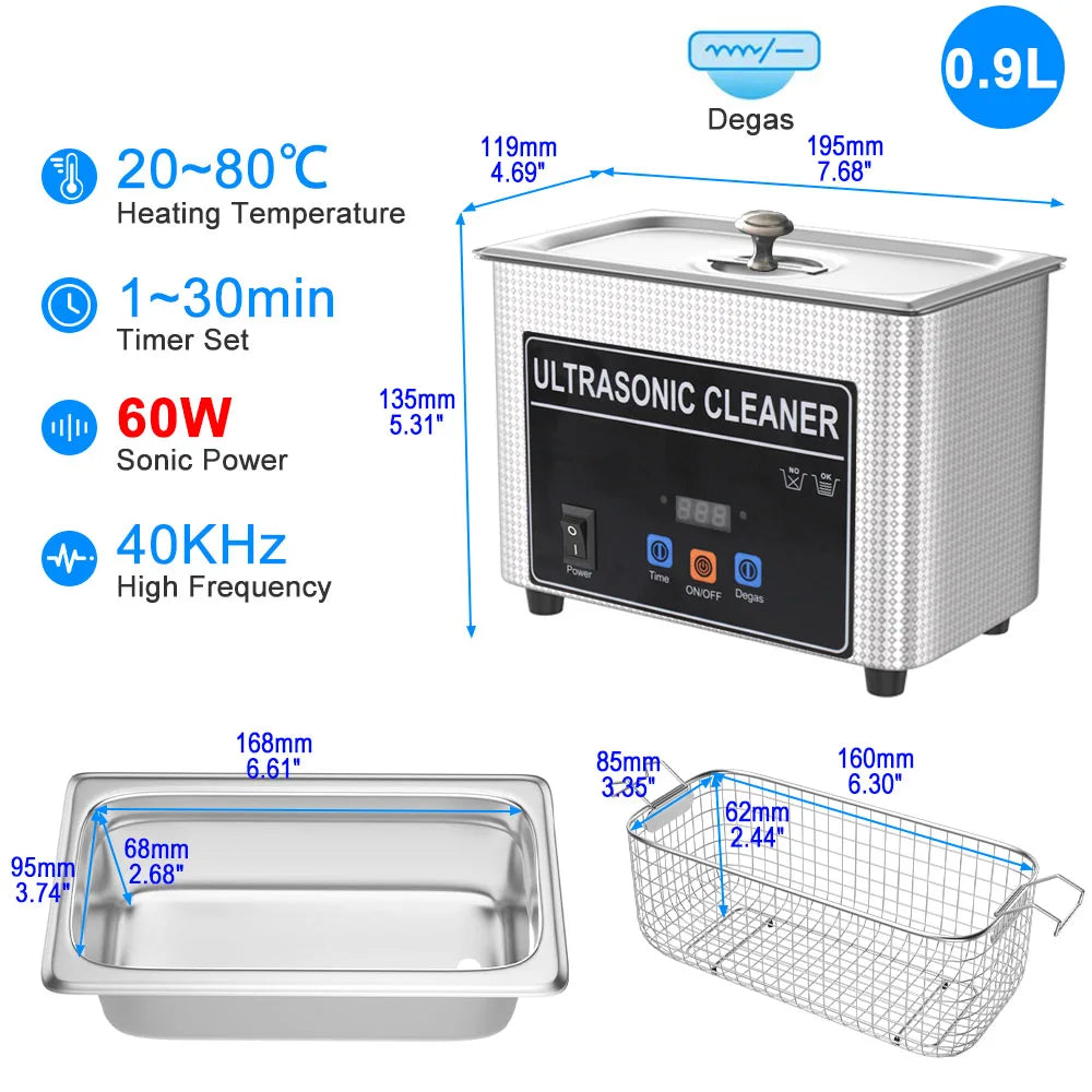 Ultrasonic Cleaner Bath 800ml–30L – Heated 35W–900W Portable Washing Machine, EU/UK/AU/US Plug