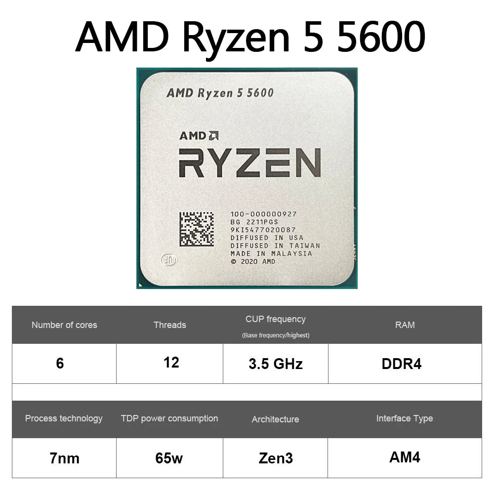 AMD Ryzen 5 5600 AM4 CPU – 6-Core, 4.4GHz Boost, 32MB Cache