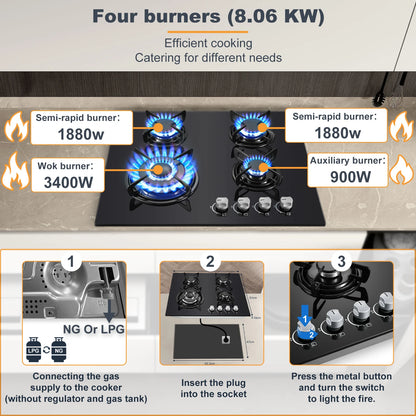 TopStrong 60cm 4-Burner Built-In Gas Hob – Black Tempered Glass, 8060W Dual Fuel