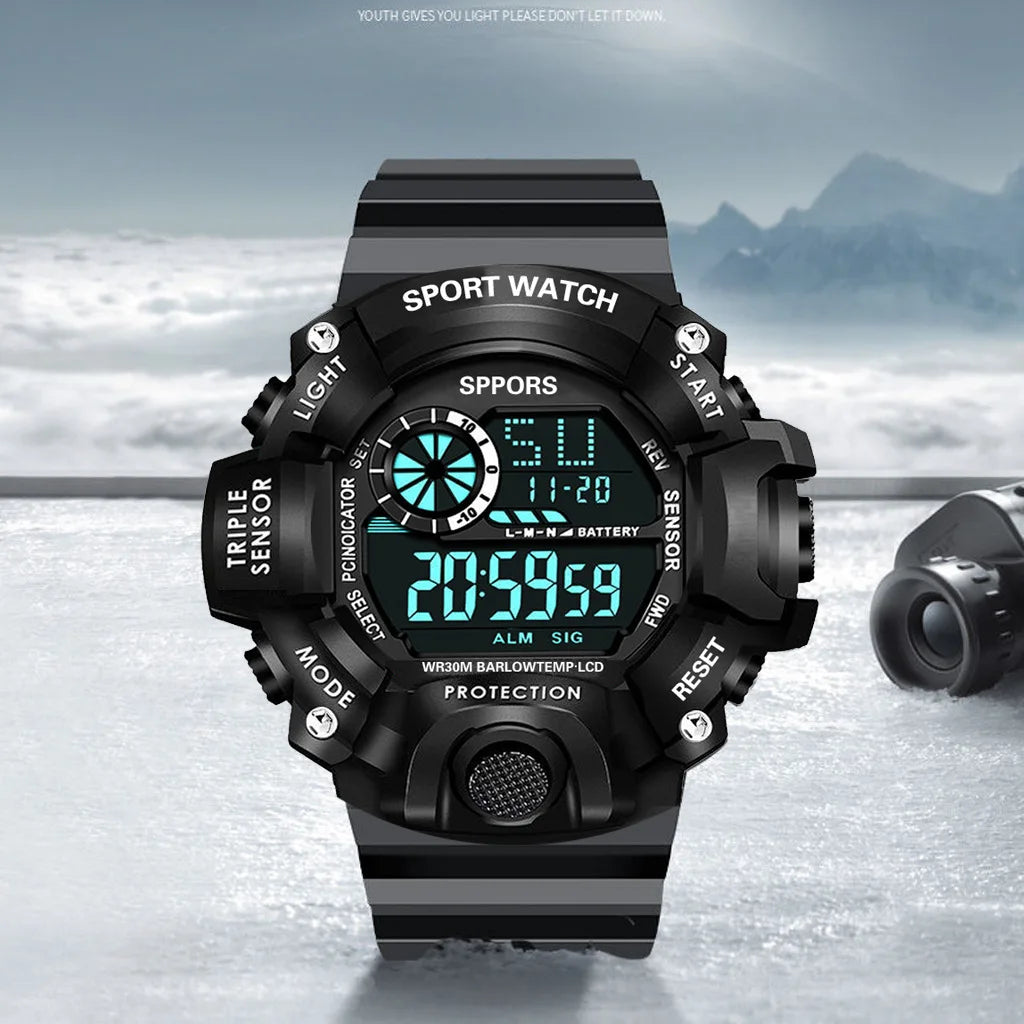 Men's sports electronic wristwatch with large dial, waterproof design, luminous display, and alarm from R.E.D. Shopping.