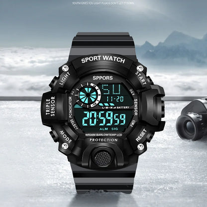 Men's sports electronic wristwatch with large dial, waterproof design, luminous display, and alarm from R.E.D. Shopping.