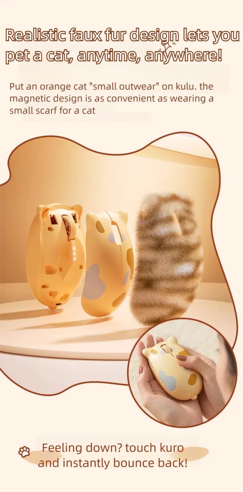 INPHIC Kalo Cute Cat Bluetooth Wireless Mouse – Silent, 2400 DPI, Rechargeable, for PC & iPad