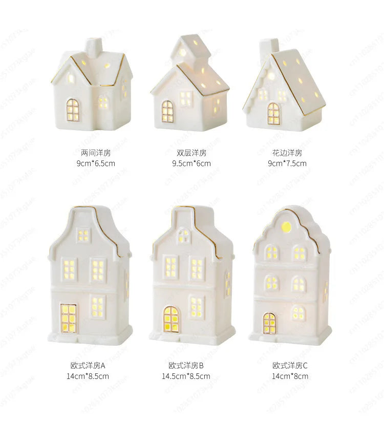 Christmas luminous snow house ceramic ornament from R.E.D. Shopping, LED tabletop decor with festive snow-covered design and warm lighting.