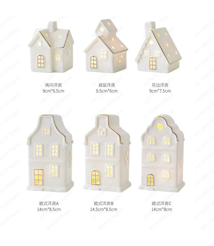 Christmas luminous snow house ceramic ornament from R.E.D. Shopping, LED tabletop decor with festive snow-covered design and warm lighting.