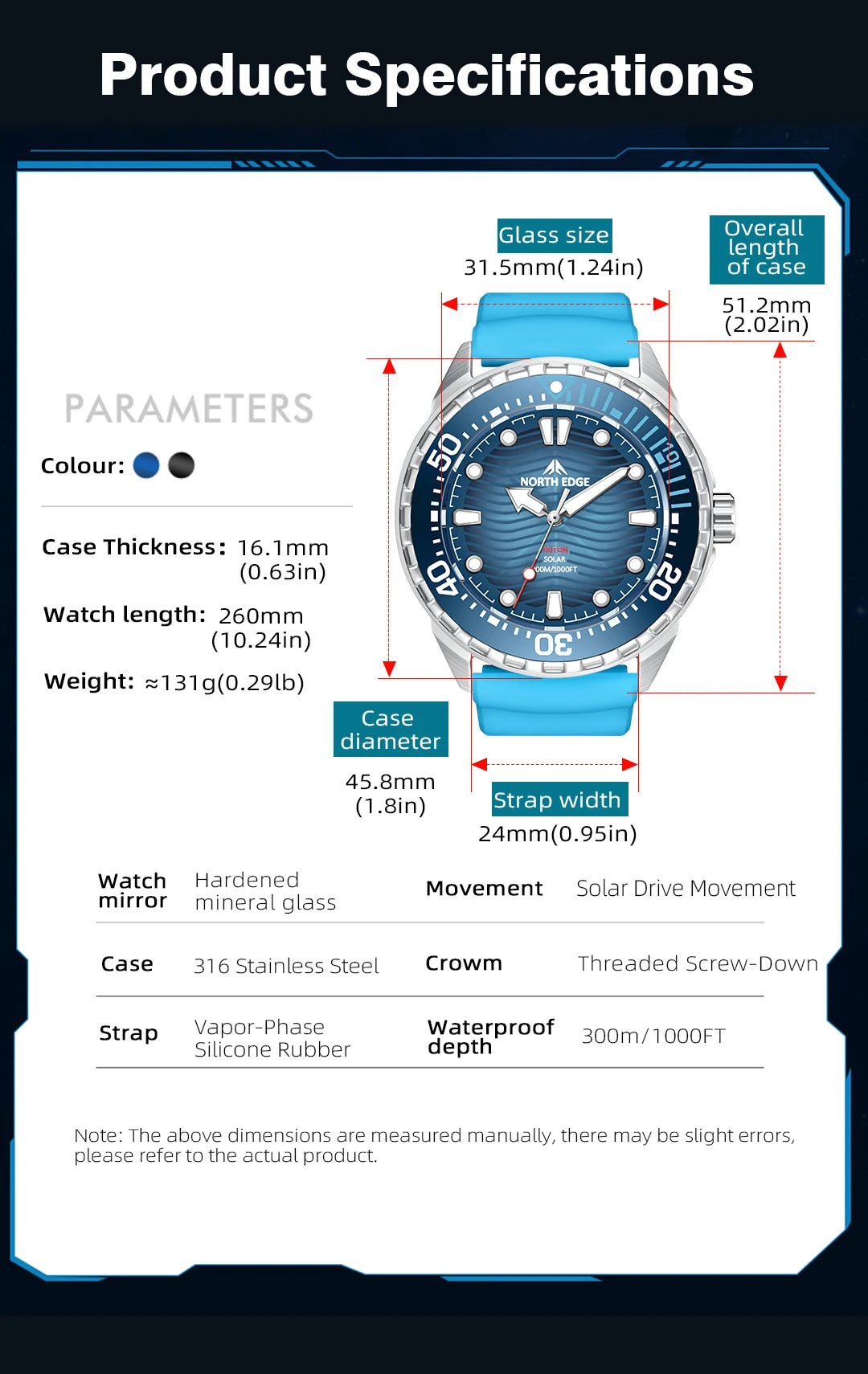 NORTH EDGE TRITON Solar Dive Watch – Men's Luxury Quartz, 316L Steel, 300M Waterproof, 2025