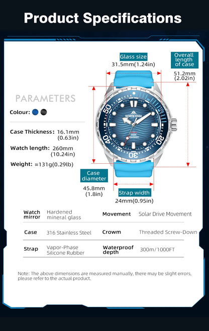 NORTH EDGE TRITON Solar Dive Watch – Men's Luxury Quartz, 316L Steel, 300M Waterproof, 2025