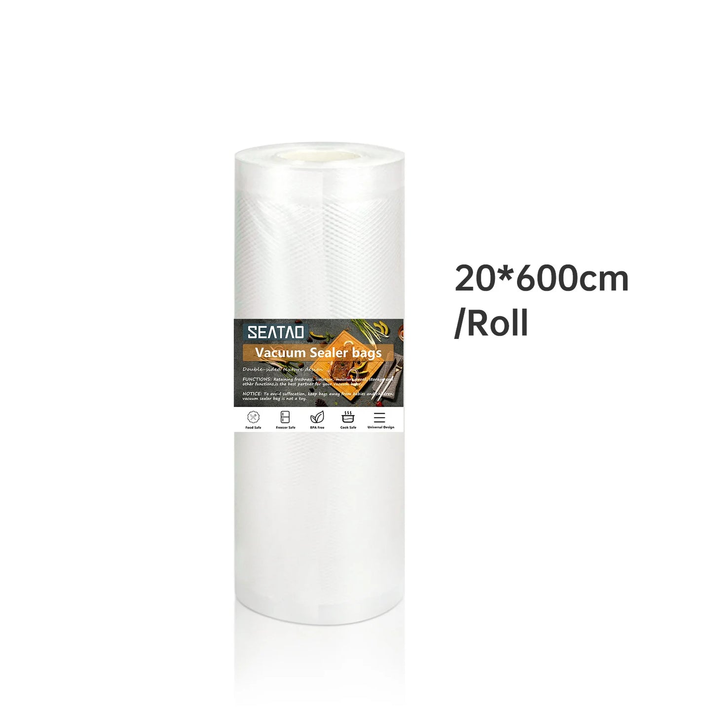 SEATAO vacuum food storage bags in various sizes for vacuum sealing and long-lasting freshness, compatible with vacuum sealers.