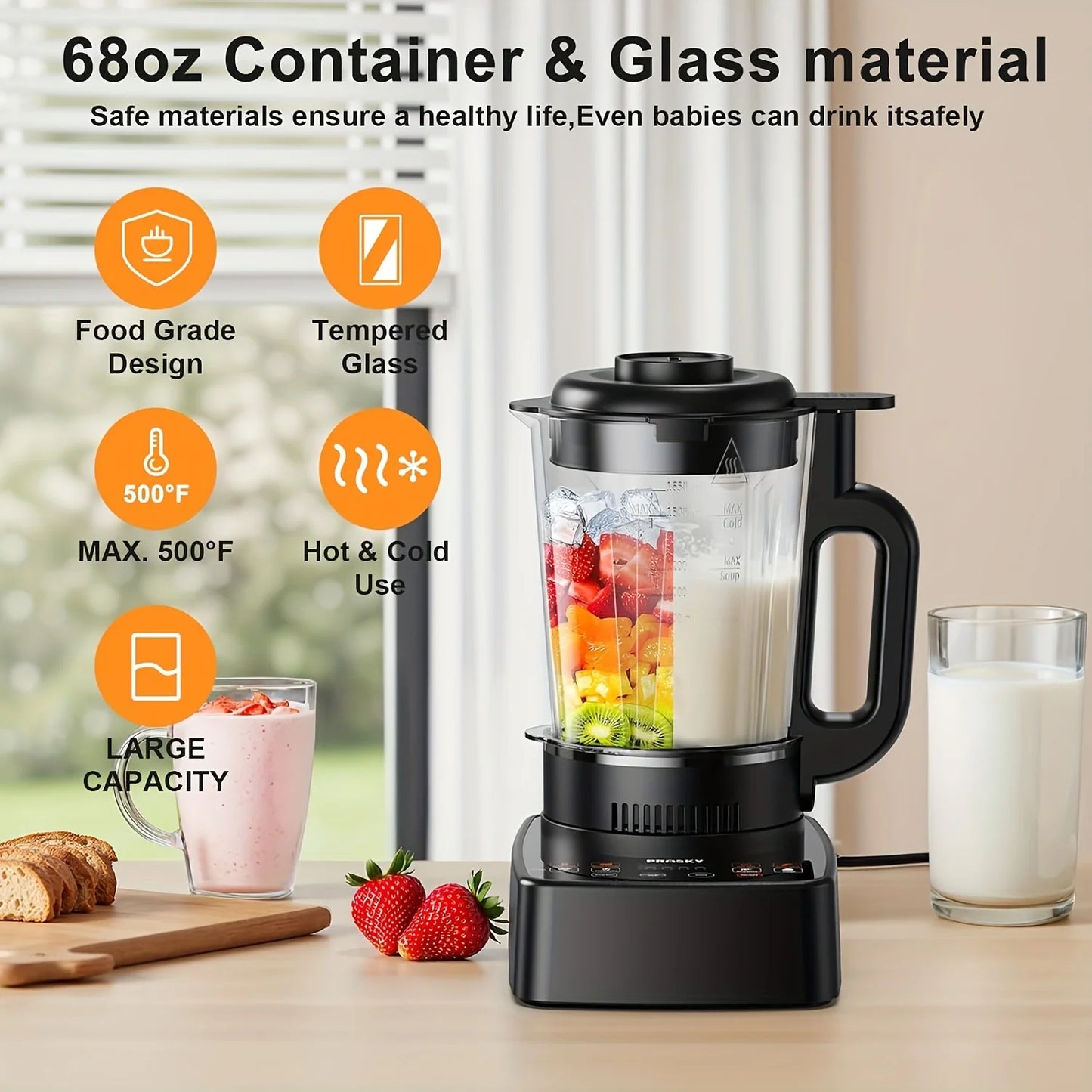 PRASKY 2400W Professional Heating Blender – 25,000 RPM, Auto-Clean, 55oz Glass Jar + To-Go Cup | Smoothies & Soups