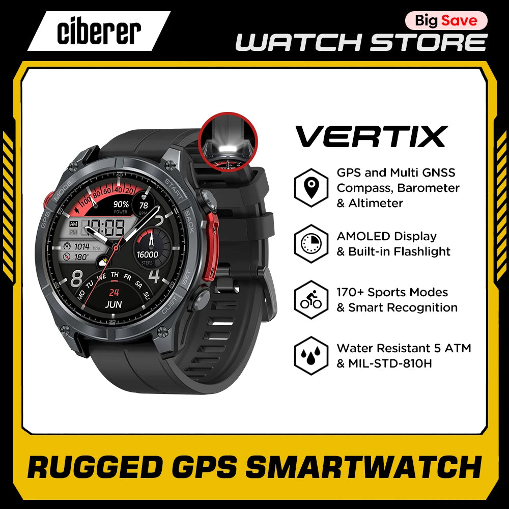 Ciberer Vertix Stratos 4 GPS Smart Watch – 1.43" AMOLED, Compass, Flashlight, 170+ Sports, 5ATM