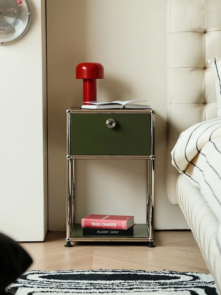 Stainless steel R.E.D. Shopping nightstands with storage cabinets for bedroom and living room furniture.
