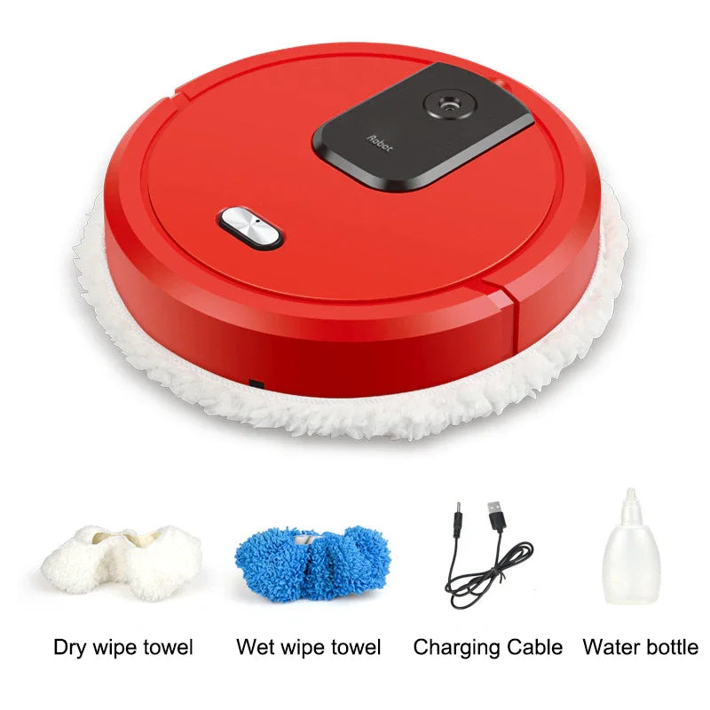 R.E.D. Shopping smart sweeping and mop robot with humidifying spray cleaning a hardwood floor in a modern home.