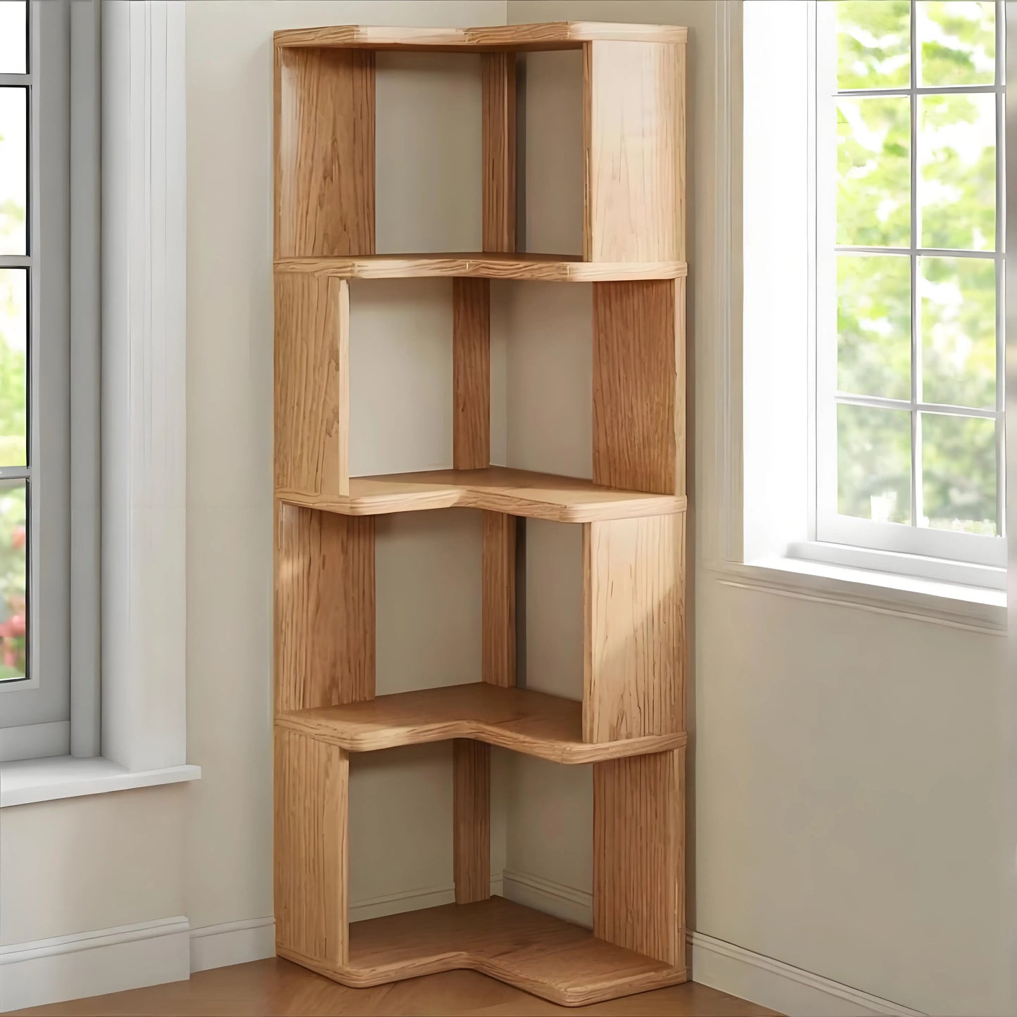Solid wood corner bookshelf rack by R.E.D. Shopping, multi-layer storage unit for home living room, showcasing its simple, functional design.