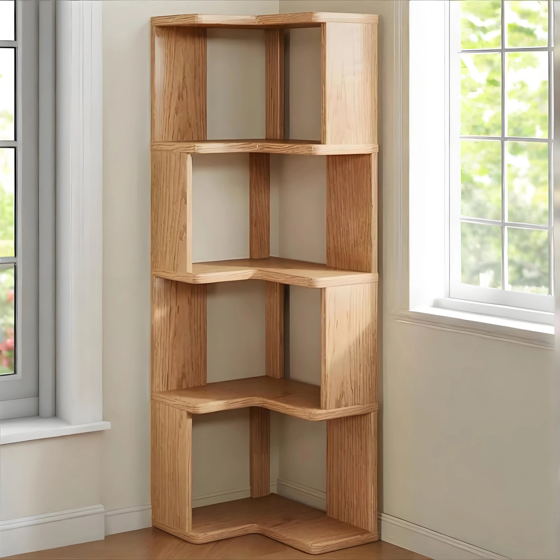 Solid wood corner bookshelf rack by R.E.D. Shopping, multi-layer storage unit for home living room, showcasing its simple, functional design.