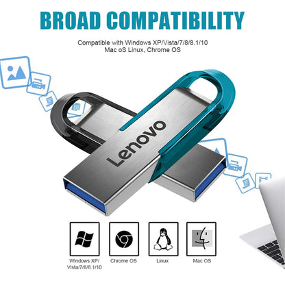 Lenovo high-speed USB 3.0 flash drive with waterproof metal casing, up to 2TB storage capacity, used as computer accessory.
