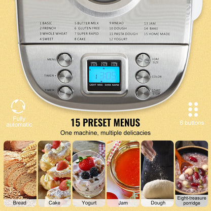 SucceBuy 15-in-1 Bread Maker 1.5–2 LB | Nonstick Ceramic Pan, Gluten-Free Setting, Automatic Dough Machine