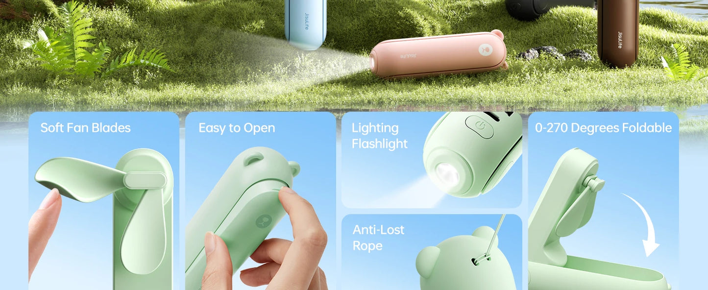 JISULIFE Portable Handheld Fan with Power Bank & Flashlight