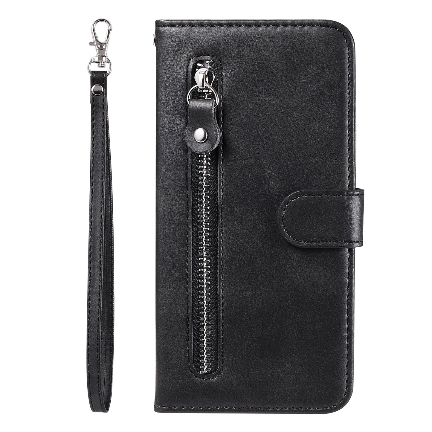 Leather iPhone 16 Plus zipper wallet case with card slots and magnetic stand, featuring a sleek protective cover and functional design.