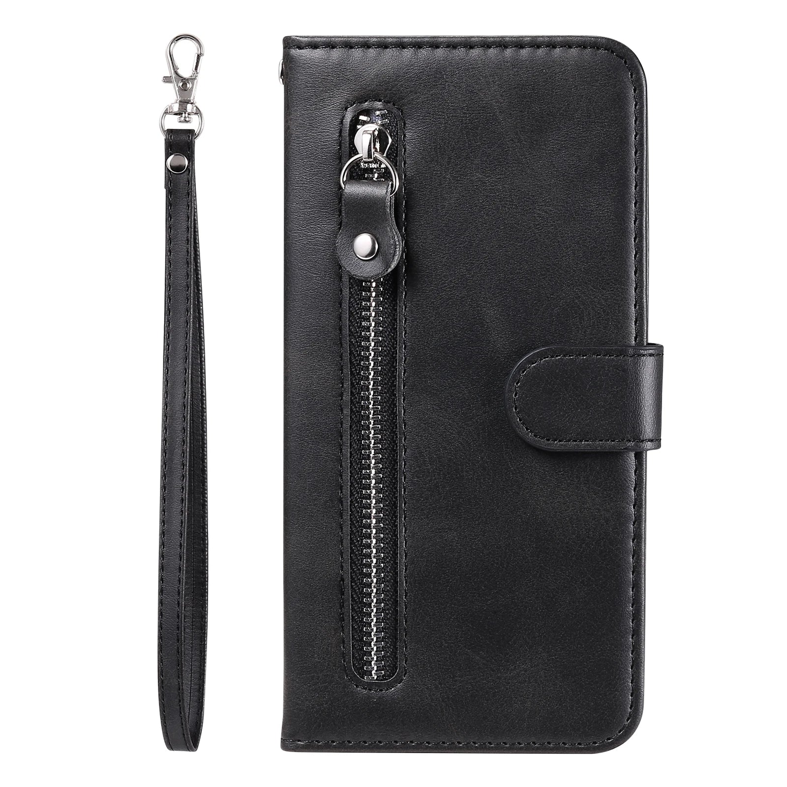 Leather iPhone 16 Plus zipper wallet case with card slots and magnetic stand, featuring a sleek protective cover and functional design.