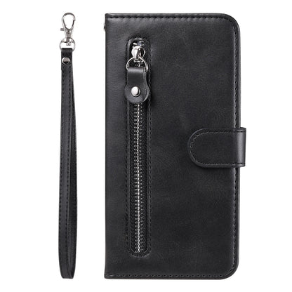 Leather iPhone 16 Plus zipper wallet case with card slots and magnetic stand, featuring a sleek protective cover and functional design.