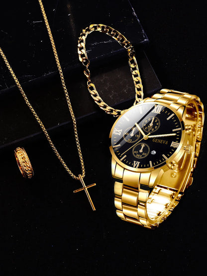 Gold men's watch, necklace, bracelet, and ring gift set from R.E.D. Shopping, featuring Roman quartz watch and jewelry accessories.