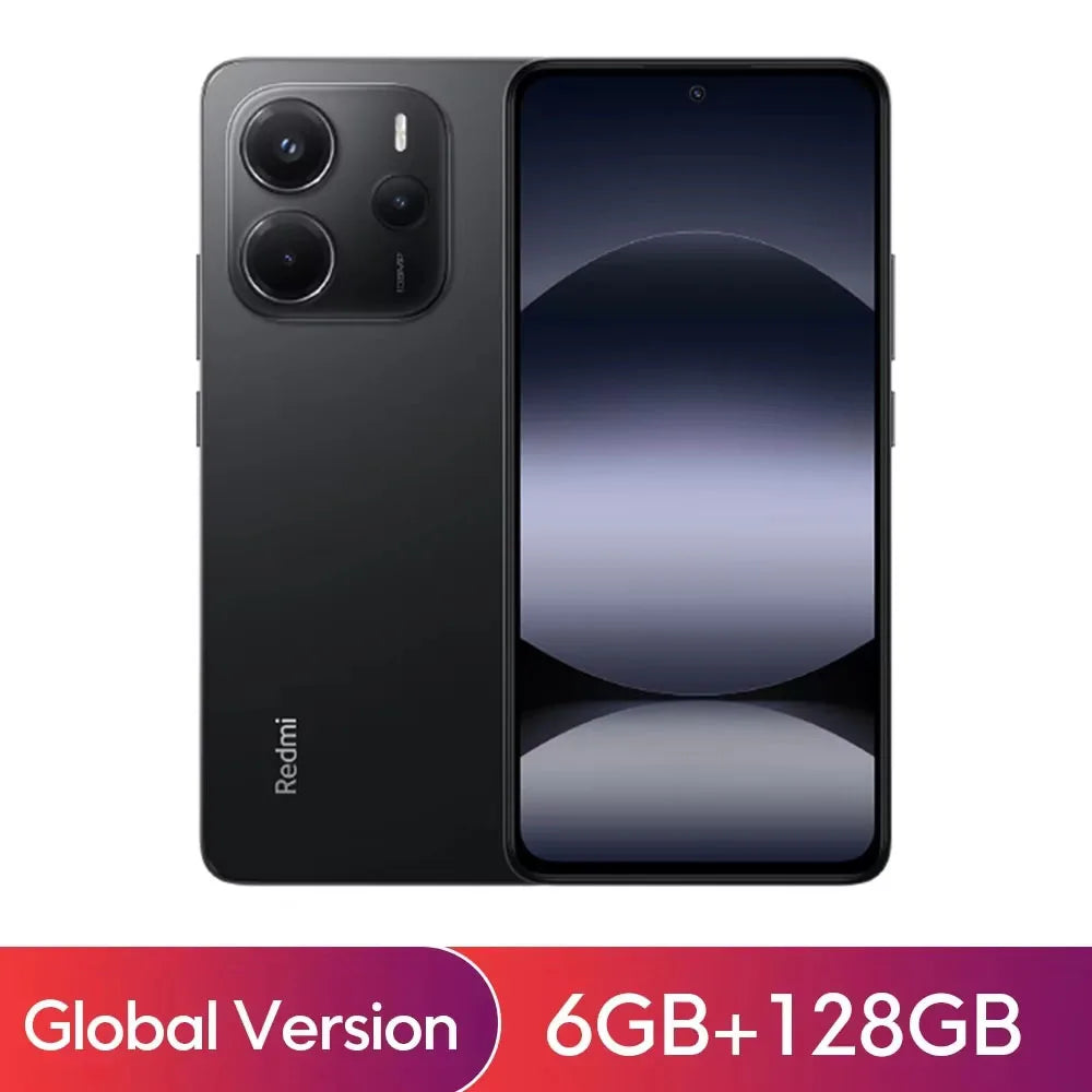 Xiaomi Redmi Note 14 smartphone with 108MP camera, 120Hz display, and MediaTek Helio G99 processor, black front view.