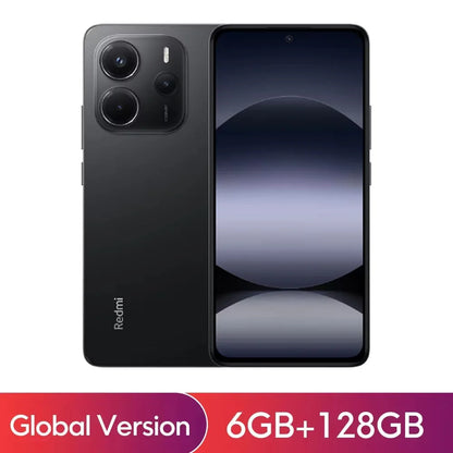 Xiaomi Redmi Note 14 smartphone with 108MP camera, 120Hz display, and MediaTek Helio G99 processor, black front view.