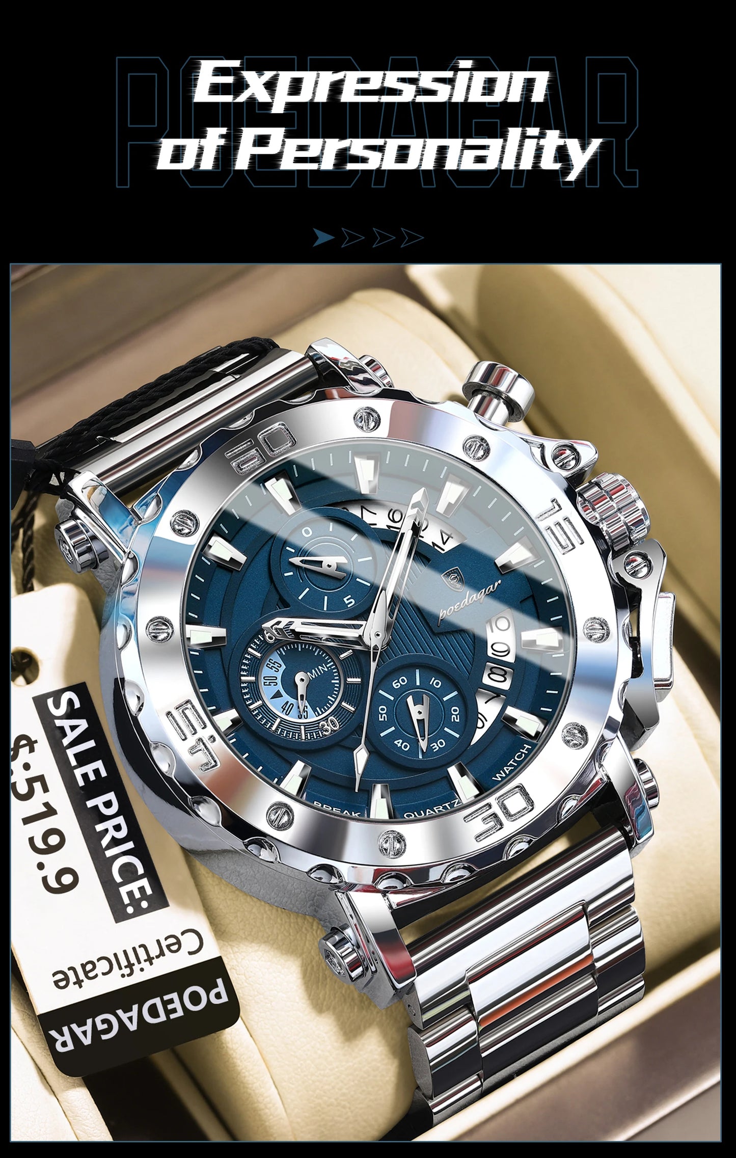 POEDAGAR Men's Luxury Chronograph Watch – Calendar, Luminous, Waterproof, Stainless Steel Quartz