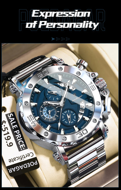 POEDAGAR Men's Luxury Chronograph Watch – Calendar, Luminous, Waterproof, Stainless Steel Quartz
