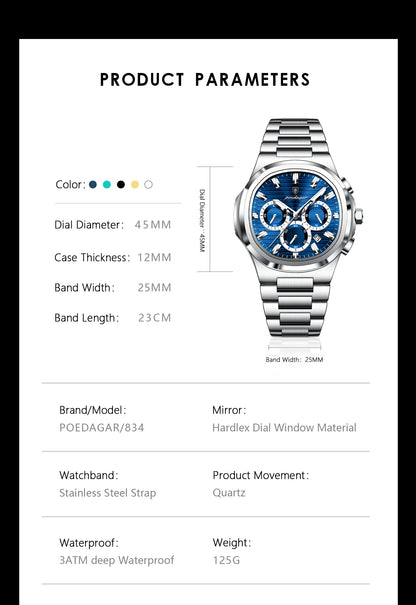 POEDAGAR Men's Luxury Chronograph Watch – Stainless Steel, Waterproof, Luminous, Date