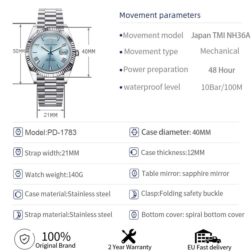 PAGANI DESIGN Men's Automatic Watch – 40mm, NH36A, AR Sapphire Glass, Date & Week, Gold Green