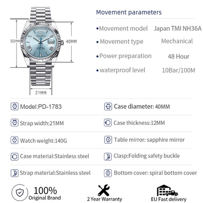 PAGANI DESIGN Men's Automatic Watch – 40mm, NH36A, AR Sapphire Glass, Date & Week, Gold Green